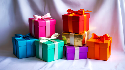 Fototapeta premium Colorful gift boxes arranged minimalist style on plain white background photograph