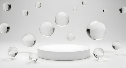 White podium with transparent spheres showcases minimalist design elements