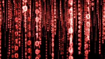 Dynamic digital rain with glowing red binary code falling down, abstract matrix stream - Powered by Adobe