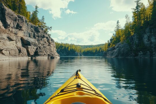 Kayaking in the canoe, view from inside a yellow kayak on a lake with rocky cliffs and a forest, in the style of Unsplash photography.