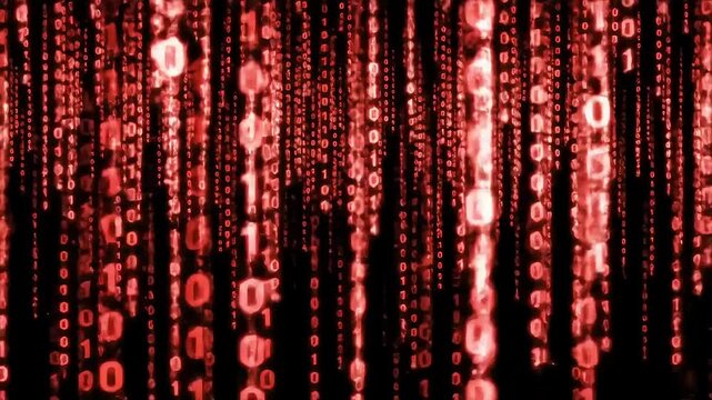 Dynamic digital rain with glowing red binary code falling down, abstract matrix stream