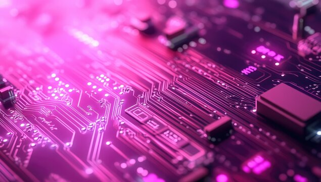 Lock on a digital circuit board, a cyber security concept with a pink and purple color theme.