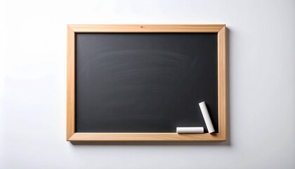 "Blank blackboard with wooden frame and white chalk in corner."