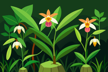 Wild Orchids Growing Among Jungle Undergrowth