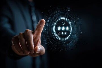 Hand points to a glowing, digital five-star rating graphic
