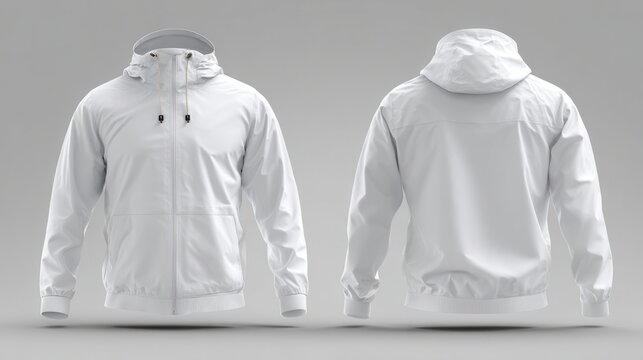 Eye-catching photo of blank white windbreaker jacket mockup, front and back view.