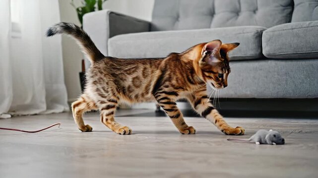 Kitten energetically chasing a toy mouse, sleek and agile movement, indoor play setting, vibrant and dynamic composition
