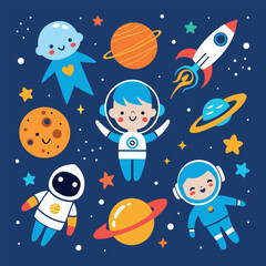 A whimsical illustration featuring cartoon astronauts and planets set against a dark blue space background, perfect for adding a playful touch to any design.