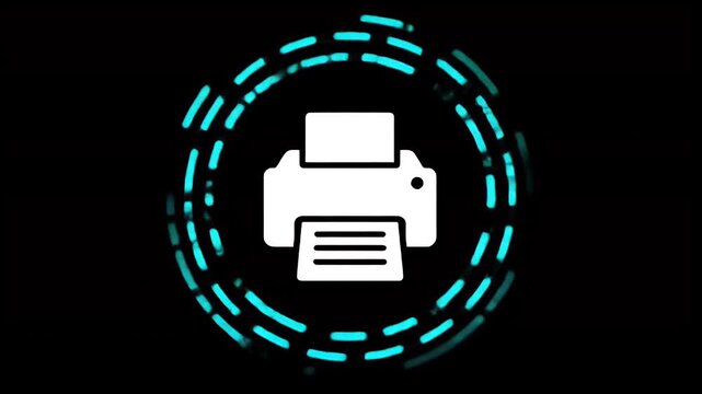 White printer icon with paper inside a blue dotted circle on a black background.