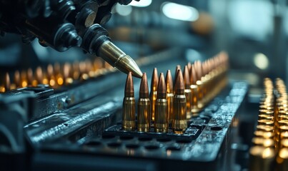 Rocket artillery ammunition manufacturing process, showcasing the speed and precision of heavy machinery production in military complexes. This image emphasizes the urgency, Generative AI
