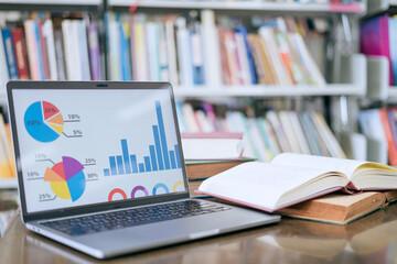 A laptop screen displaying a graph and a book placed on the table in the library, representing a business concept.
