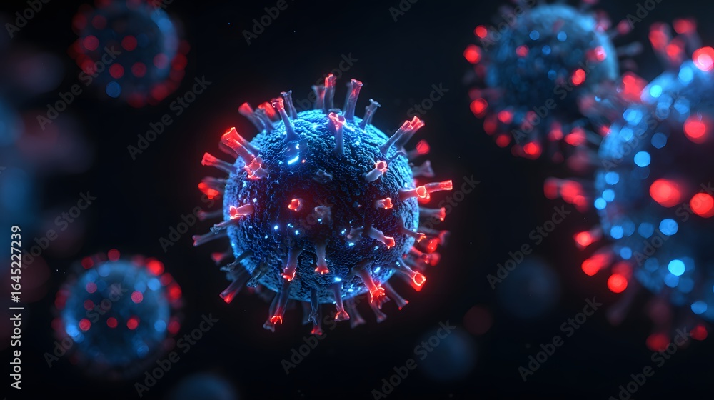 Poster close-up view of multiple virus particles.