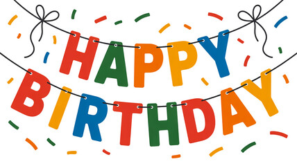 Colorful Happy Birthday banner on black cord, vibrant confetti scattered
