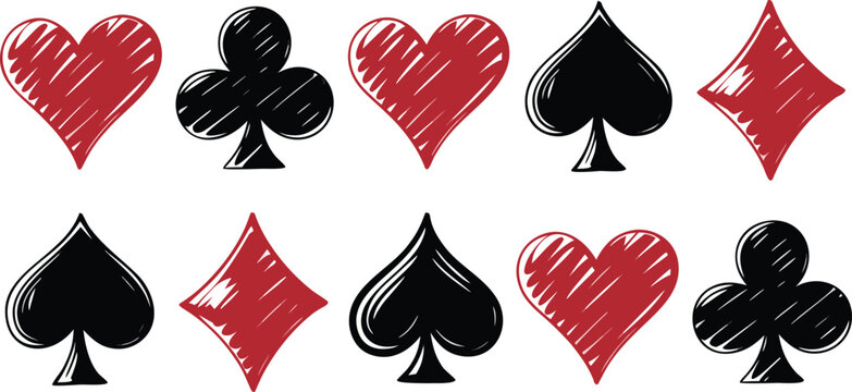 HandDrawn Hearts, Clubs, Spades, and Diamonds Arranged on a White Background Illustration