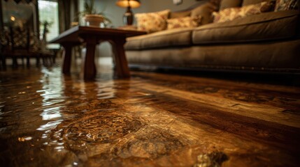 Fototapeta premium Eye-catching photo of close-up of a flooded living room floor from a water leak, highlighting the damage to furniture and flooring.