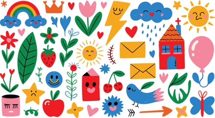 Colorful Doodle Collection Rainbow, Flowers, Sun, Clouds, House, and Cute Illustrated Character Set