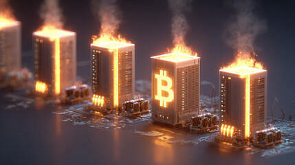 Conceptual render of server towers on fire, symbolizing digital meltdown or system failure, with one tower featuring a prominent "B" symbol.