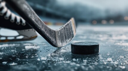 Eye-catching photo of close-up of a hockey stick and puck on textured ice with blurred skates around during a cold match.