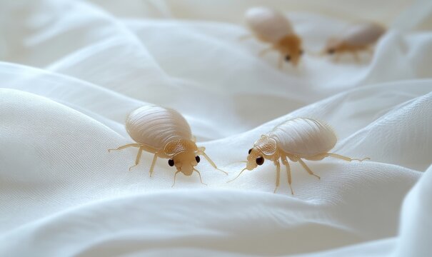 Close-up image of bed bugs crawling on a white cloth, symbolizing the increasing issue of insect infestations and the need for effective pest control measures, particularly in regions, Generative AI - Powered by Adobe
