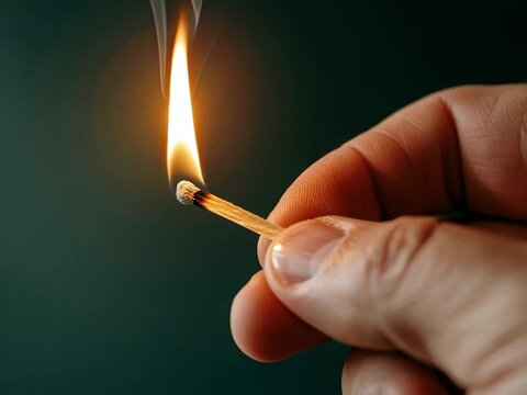 Lit matchstick with steady flame held in hand, emitting heat and light, symbolizing ignition, warmth, and controlled burning in survival or lighting context