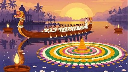 Captivating onam festival snake boat race illustration rich indian culture and celebratory spirit with colorful floral decorations and traditional boat racing event