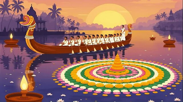Captivating onam festival snake boat race illustration rich indian culture and celebratory spirit with colorful floral decorations and traditional boat racing event