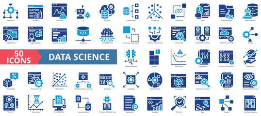 Data science set flat style collection. Contain machine learning, analytics, anomaly, ai, big data, classification, correlation, data cleaning, engineer, data mining, scientist, visualization