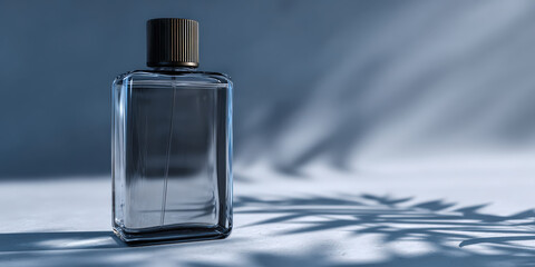 Sleek glass bottle with dark cap is elegantly displayed against soft, shadowy background, evoking sense of calm and sophistication