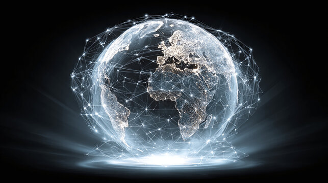 A stylized digital image of Earth is surrounded by a network of connections. The glow of cities at night is visible on the globe, symbolizing global connectivity.