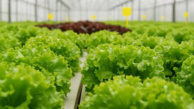 Fresh green lettuce plants growing in a greenhouse, showcasing vibrant textures and rows of healthy foliage, representing sustainable agriculture and modern farming practices