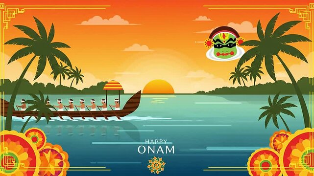 Celebrate the spirit of onam a colorful depiction of culture tradition boat races and festive joy with dancers and tropical palms