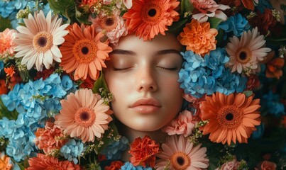 Concept of mental health awareness and self-care, featuring a woman with her head surrounded by flowers, symbolizing inner peace, happiness, and psychological balance, Generative AI