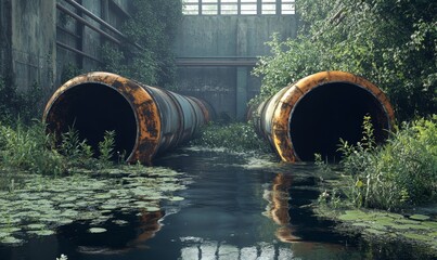 Industrial waste concept, depicting the environmental issue of pollution caused by untreated sewage water flowing from large metal pipes into a natural  of water. This visual highlights, Generative AI