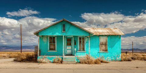 Weathered turquoise house stands alone in barren desert landscape under partly cloudy sky, evoking sense of isolation and nostalgia