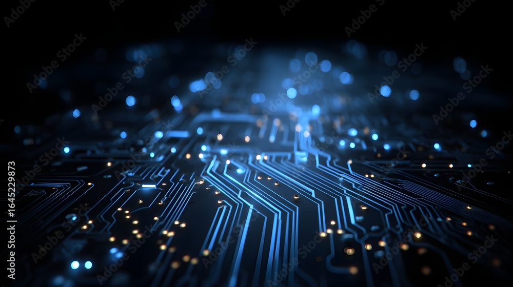 Poster detailed close-up view of illuminated circuit board pathways.