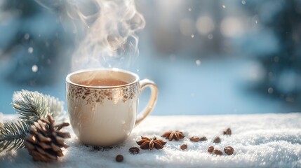 A cozy and serene scene of a warm mug of coffee amidst a winter wonderland with snow covered pine branches and festive pine cones
