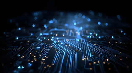 Fototapeta premium Detailed close-up view of illuminated circuit board pathways.