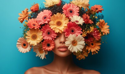 Concept of mental health awareness and self-care, featuring a woman with her head surrounded by flowers, symbolizing inner peace, happiness, and psychological balance, Generative AI