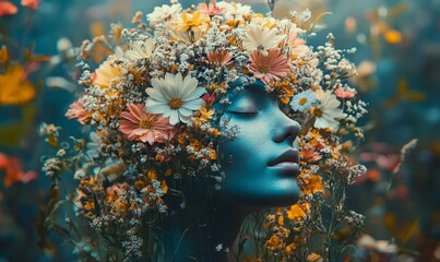 Concept of mental health awareness and self-care, featuring a woman with her head surrounded by flowers, symbolizing inner peace, happiness, and psychological balance, Generative AI