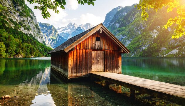 Idyllic alpine lake scene with wooden boathouse and majestic snow capped mountains