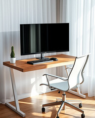 Minimalist home office desk with monitor and ergonomic chair — AI generated
