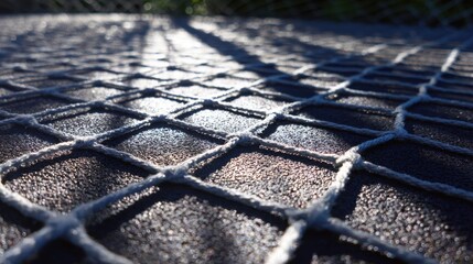 Close-up perspective of netting material with sunlight shadows
