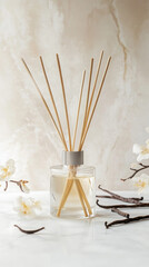 Fototapeta premium Fragrant diffuser with vanilla sticks and floral accents on a marble surface creating a serene ambiance