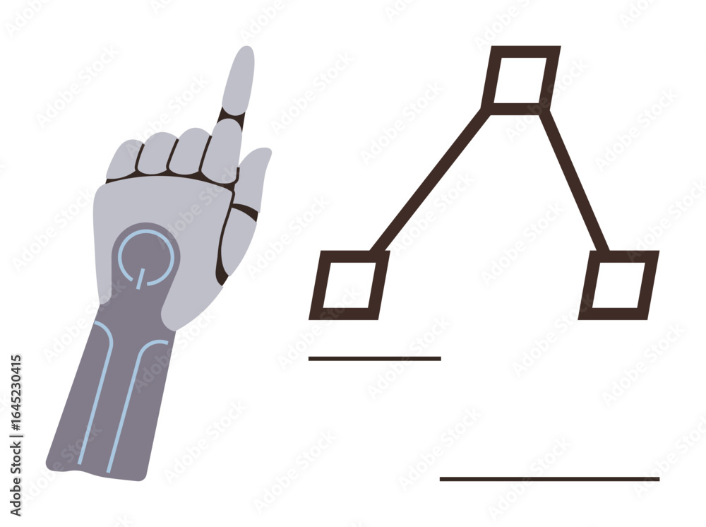 Poster advanced robotic hand gesturing toward flowchart structure with connections and nodes. ideal for aut