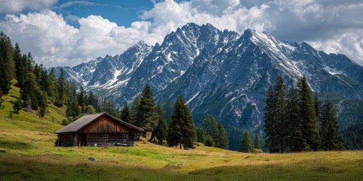 Rustic Wooden Cabin Surrounded by Green Meadow and Tall Pine Trees with Snow Capped Mountain Range in Background
