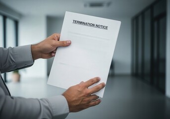 Close-up of man holding termination notice in office corridor