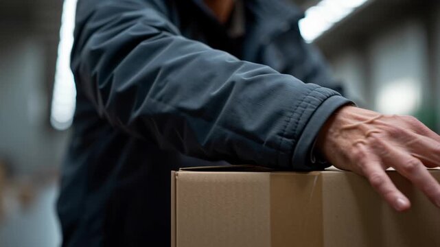Close up of hand gripping cardboard box package with person wearing jacket in background showing careful delivery and focused handling effort