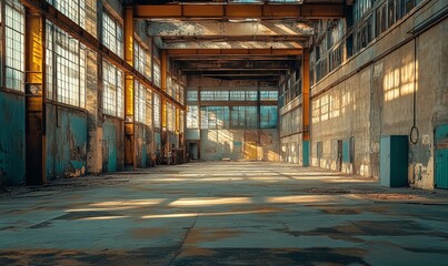 Empty industrial space interior, emphasizing the potential for creativity and transformation within an unoccupied space. This minimalist aesthetic symbolizes the endless possibilities, Generative AI