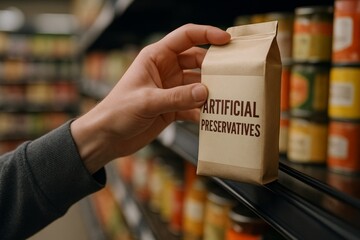 Fototapeta premium Hand holding brown package labeled artificial preservatives in grocery aisle
