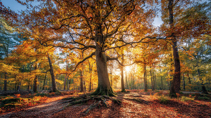 Fototapeta premium Autumn sunlight filters through the golden canopy of a mature tree in a peaceful woodland, illuminating the forest floor covered with fallen leaves.